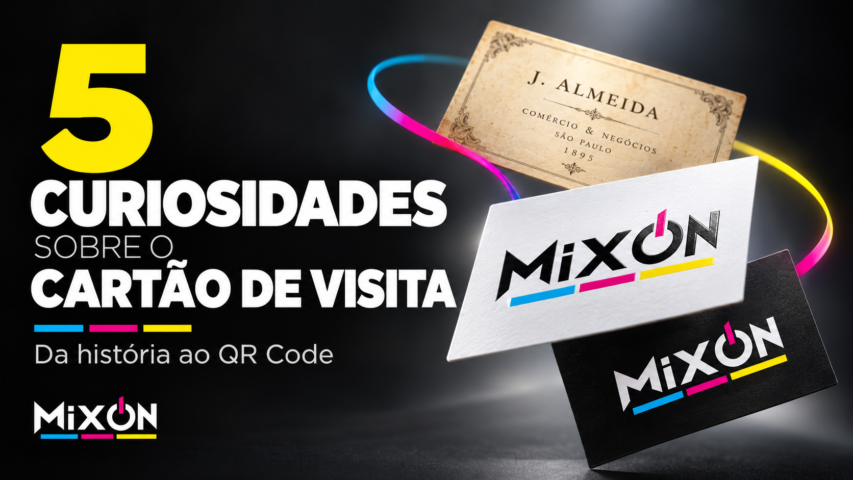 Cartão de apresentação antigo ao lado de cartões modernos da Gráfica MixON.”