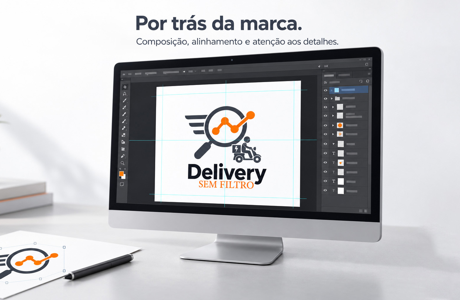 Design para o Delivery Sem Filtro, com logotipo e criativos de redes sociais apresentados em mockups sobre fundo laranja.