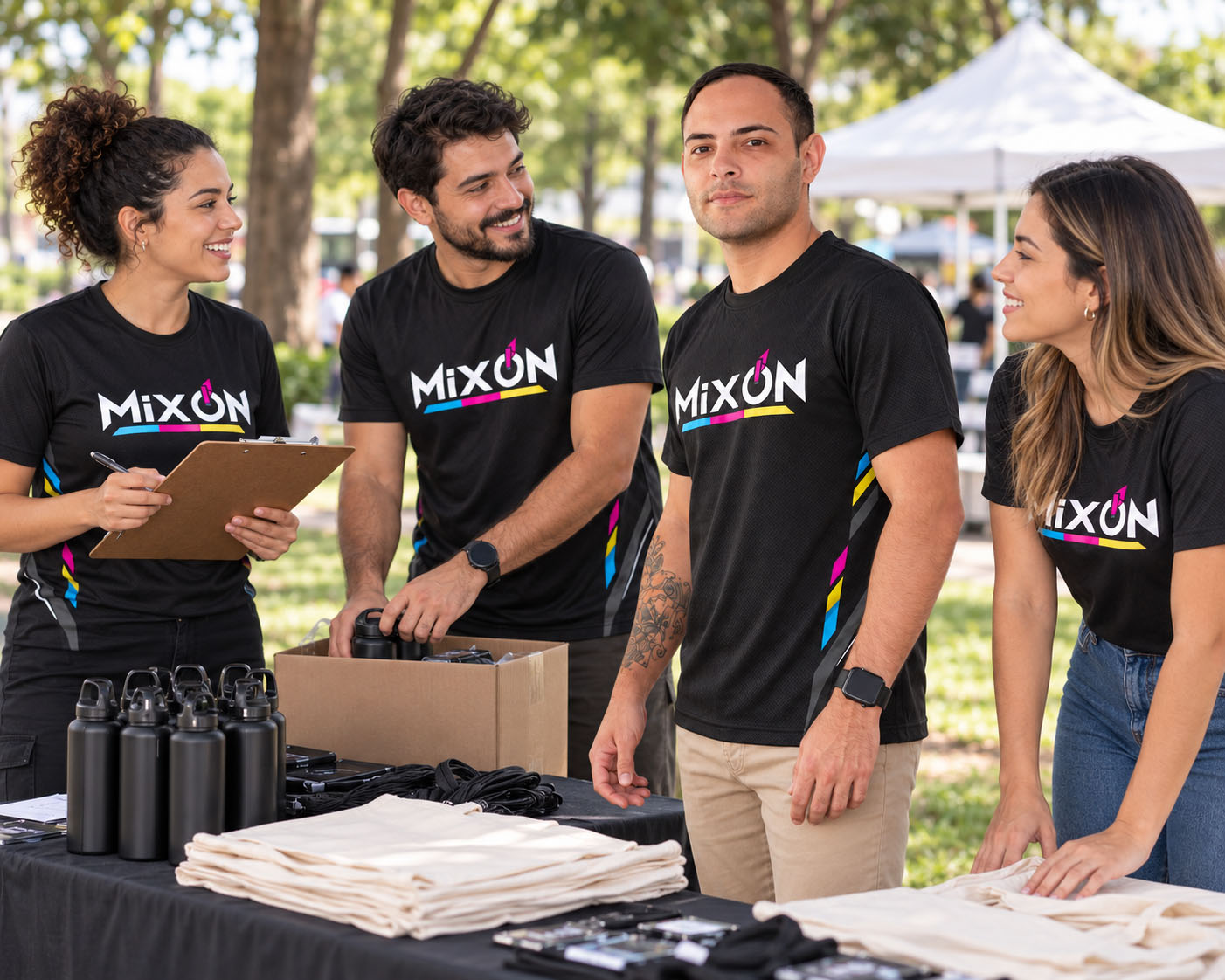 Equipe usando camisetas dry fit personalizadas com a mesma identidade visual em uma atividade ao ar livre.