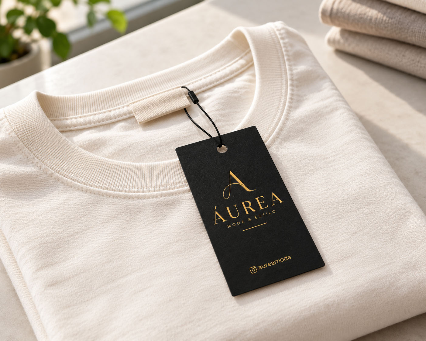 Tag personalizada preta com impressão dourada, presa à gola de uma camiseta clara por um cordão.