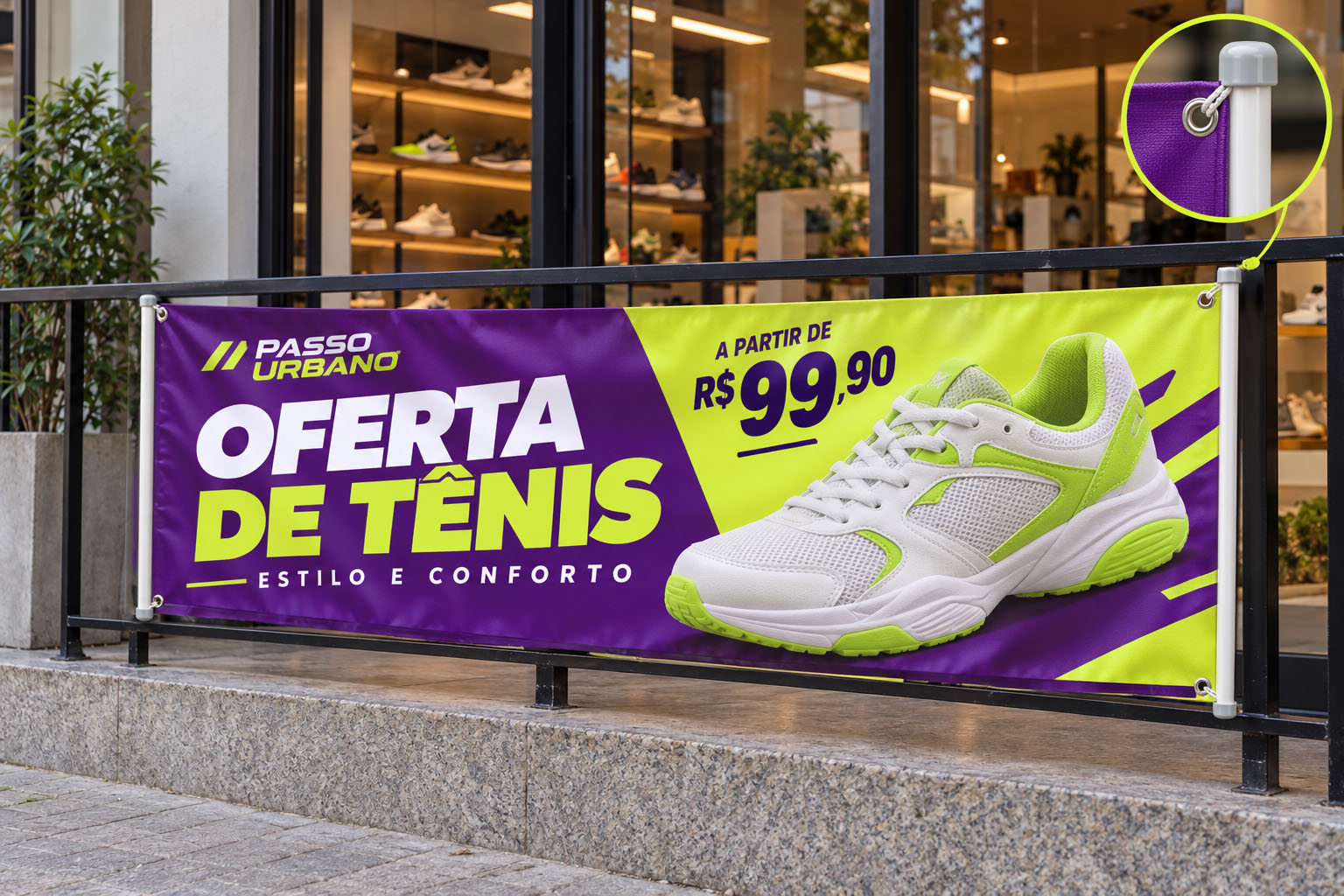 Lona personalizada com arte comercial colorida, parcialmente desenrolada sobre uma superfície clara.