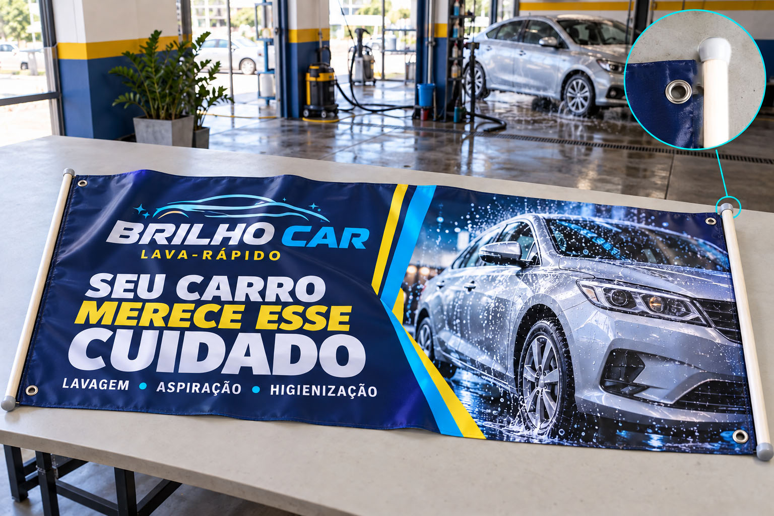 Faixa de lona personalizada instalada na fachada de uma loja, com anúncio de inauguração e arte comercial.