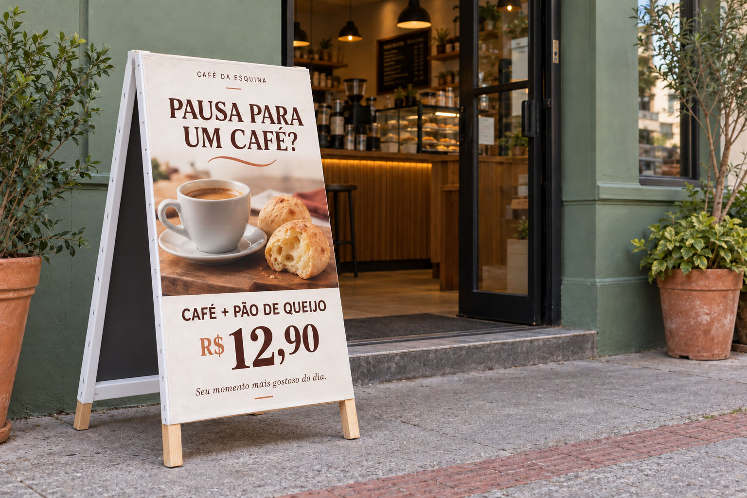 Cavalete personalizado com uma oferta em destaque na entrada de uma cafeteria, ao lado de vasos de plantas.