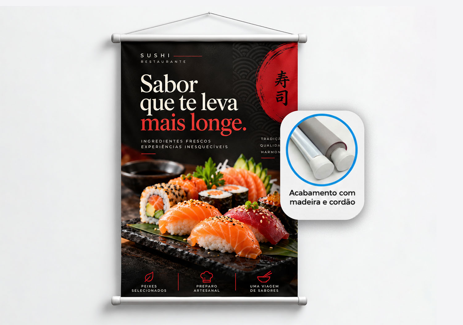 Banner personalizado para restaurante de sushi com bastão e cordão